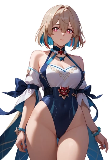 star rail,xueyi,racerback swimsuit,striped trim,name tag patch  - AI generated anime art