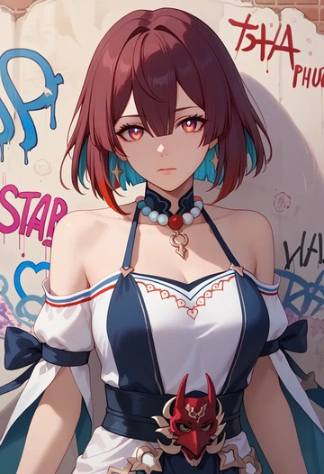 star rail,xueyi,striped graffiti blouse,dolphin shorts  - AI generated anime art