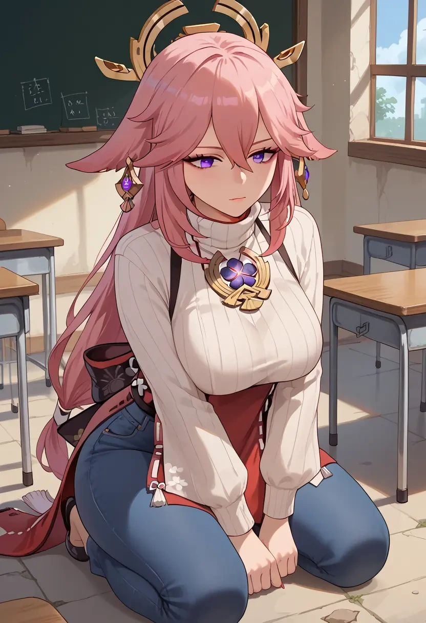 genshin impact,yae_miko,teacher, sweater, jeans shorts  - 