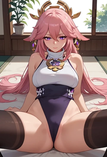 genshin impact,yae_miko,yoga,lying, spread legs,sexy,  - AI generated anime art