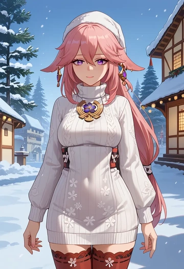 genshin impact,yae_miko,Christmas,sweater dress,stockings  - AI generated anime art