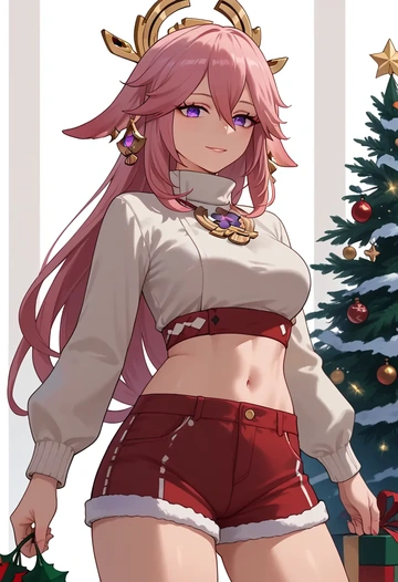 genshin impact,yae_miko,Christmas,red velvet shorts  - AI generated anime art