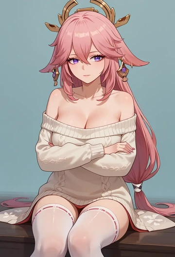 genshin impact,yae_miko,off-shoulder,sweater  - AI generated anime art