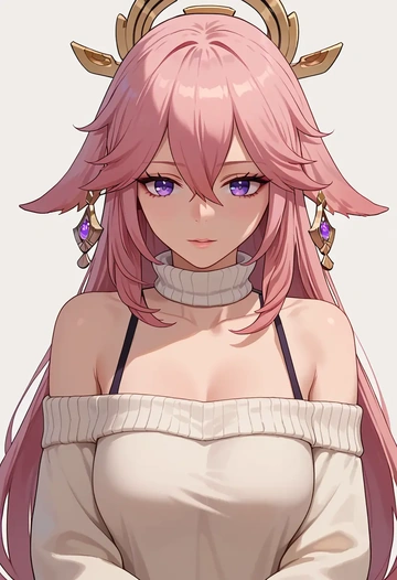 genshin impact,yae_miko,sweater,off-shoulder,collar  - AI generated anime art