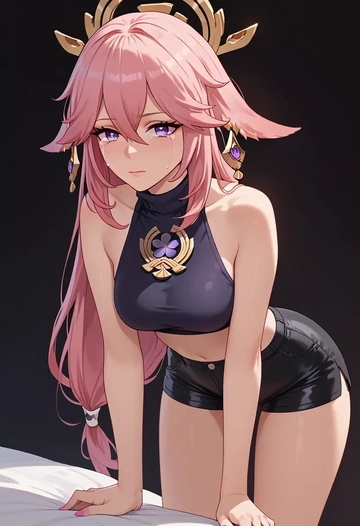 genshin impact,yae_miko,leather,shorts,crop top  - AI generated anime art