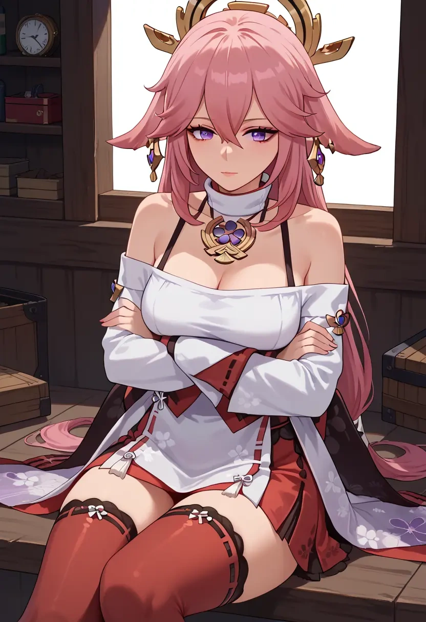 genshin impact,yae_miko,collar,oversized,Thigh garters  - 