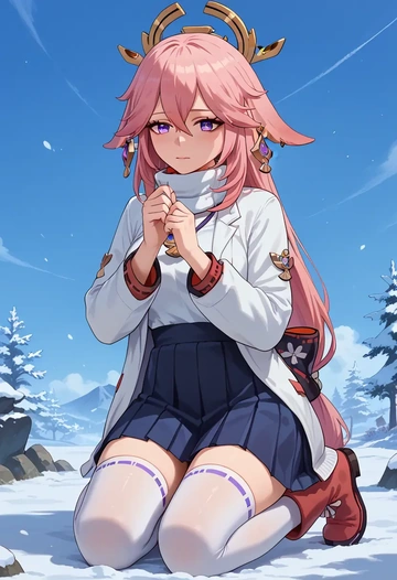 genshin impact,yae_miko,winter,student uniform,puffer jacket  - AI generated anime art