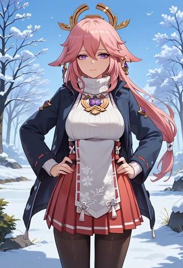 genshin impact,yae_miko,winter,student uniform,puffer coat  - AI generated anime art