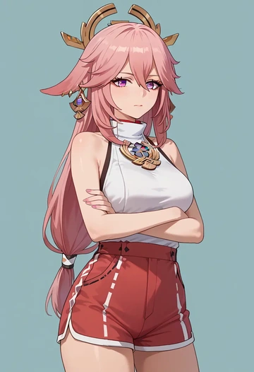 genshin impact,yae_miko,sleeveless swim top,shorts-style bottom,contrast stitching  - AI generated anime art