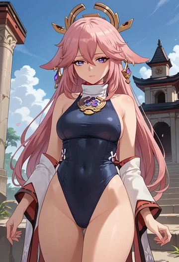 genshin impact,yae_miko,retro style swimsuit,frilled neckline,bow detail  - AI generated anime art