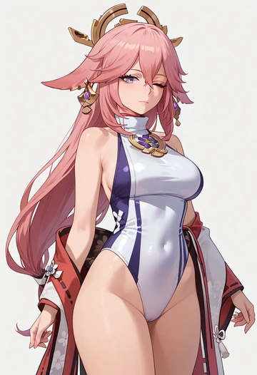 genshin impact,yae_miko,racerback swimsuit,striped trim,name tag patch  - AI generated anime art