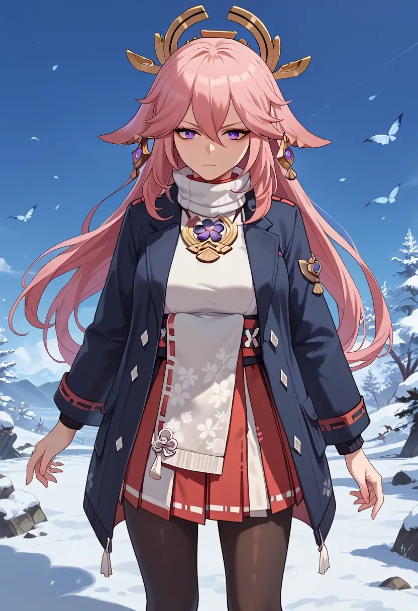 genshin impact,yae_miko,winter,student uniform,puffer coat  - 