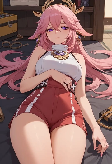 genshin impact,yae_miko,sleeveless swim top,shorts-style bottom,contrast stitching  - AI generated anime art