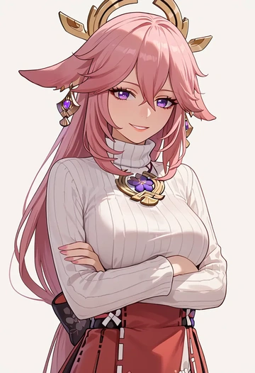 genshin impact,yae_miko,skirt,pleated,turtleneck sweater  - AI generated anime art