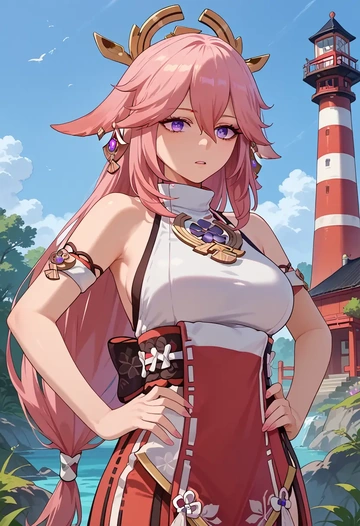 genshin impact,yae_miko,tankini top,board shorts  - AI generated anime art