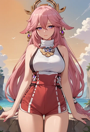 genshin impact,yae_miko,sleeveless swim top,shorts-style bottom,contrast stitching  - AI generated anime art