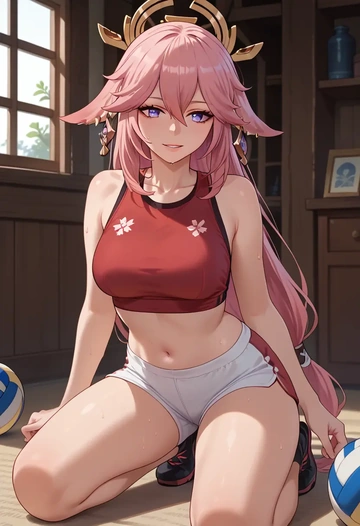 genshin impact,yae_miko,volleyball uniform  - AI generated anime art