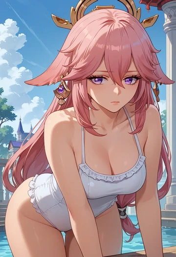 genshin impact,yae_miko,retro style swimsuit,frilled neckline,bow detail  - AI generated anime art