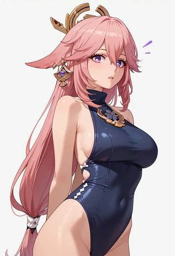 genshin impact,yae_miko,retro style swimsuit,frilled neckline,bow detail  - AI generated anime art