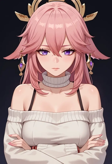 genshin impact,yae_miko,sweater,off-shoulder,collar  - AI generated anime art