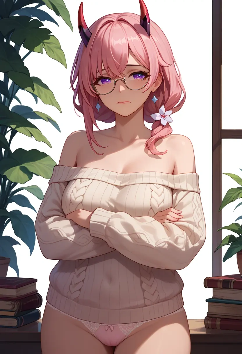 honkai_(series),yae_sakura,sweater,panties,off-shoulder,glasses,sexy  - 