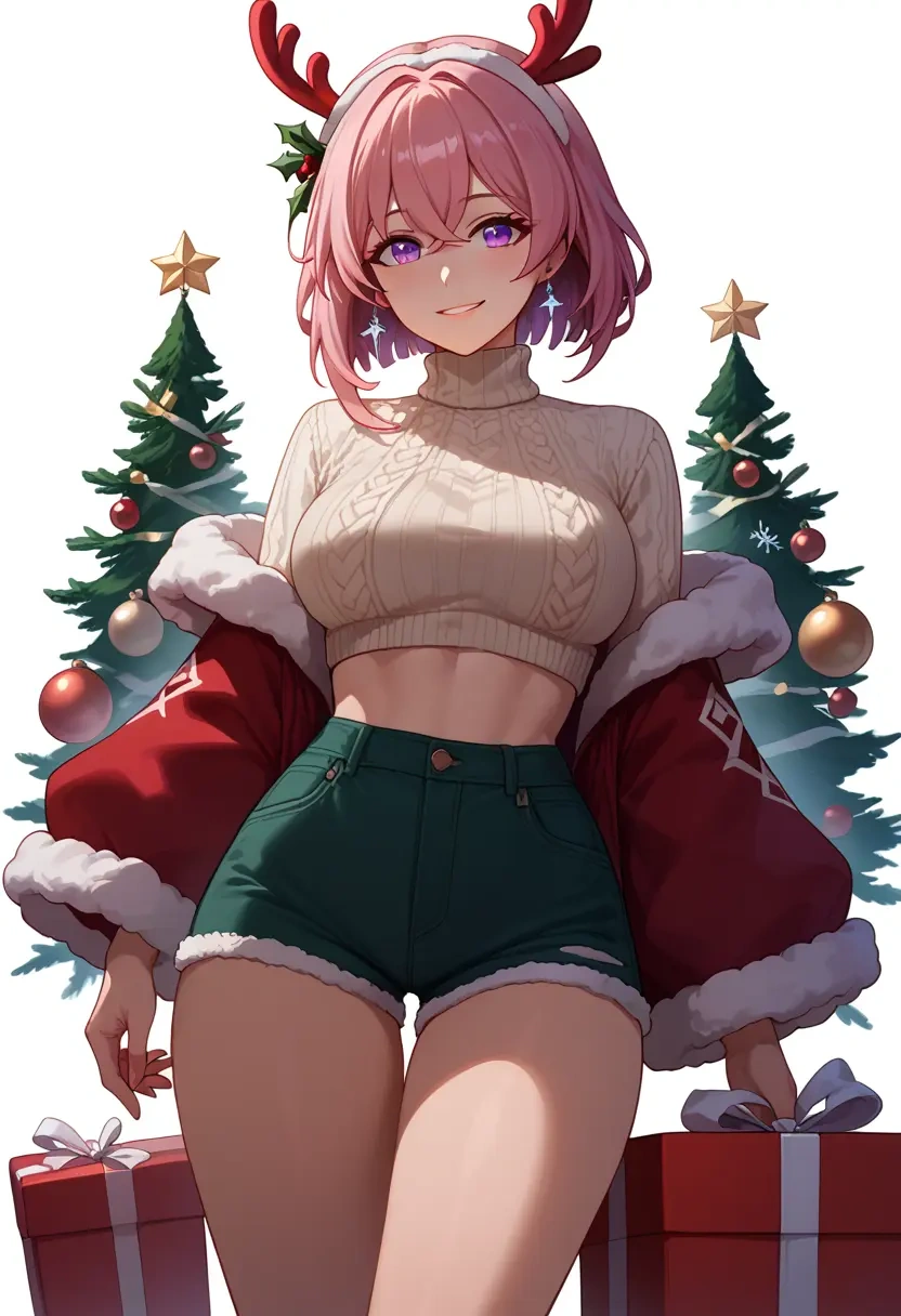 honkai_(series),yae_sakura,Christmas,red velvet shorts,turtleneck sweater  - 