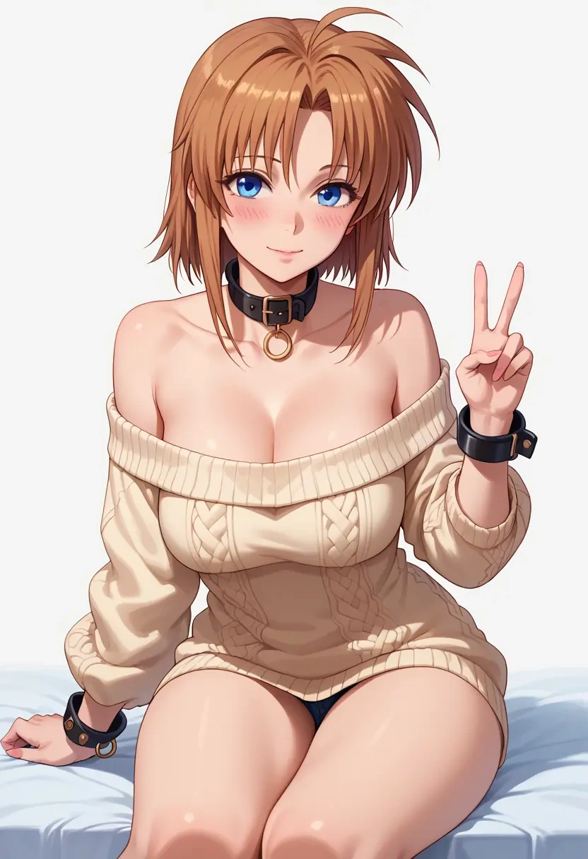 lyrical_nanoha,yagami_hayate,blushing,collar,peace sign,off-shoulder,sweater  - 