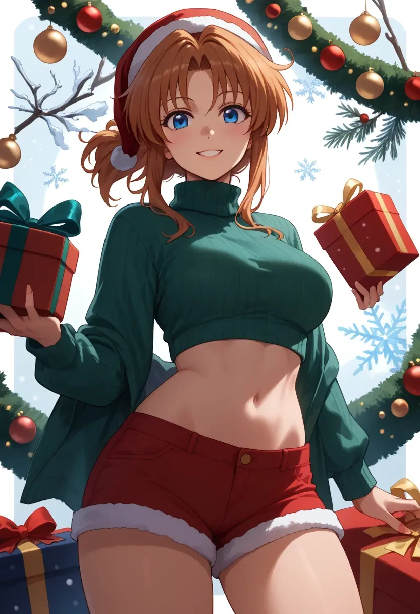 lyrical_nanoha,yagami_hayate,Christmas,red velvet shorts,turtleneck sweater  - 