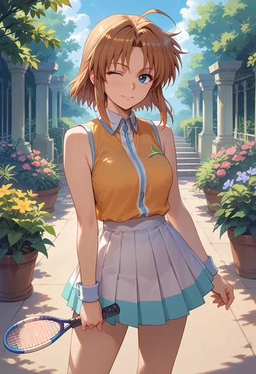 lyrical_nanoha,yagami_hayate,tennis dress,visor,trainers  - AI generated anime art