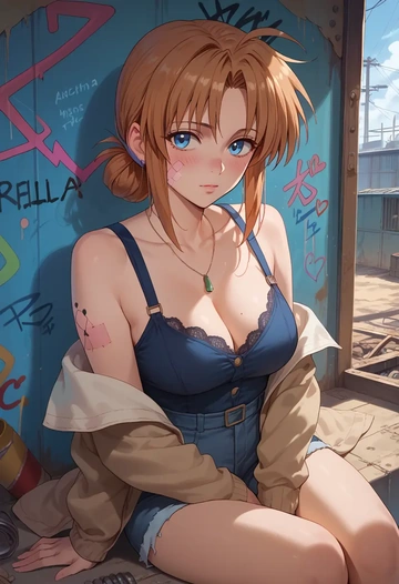 lyrical_nanoha,yagami_hayate,patchwork graffiti top,dolphin shorts  - AI generated anime art