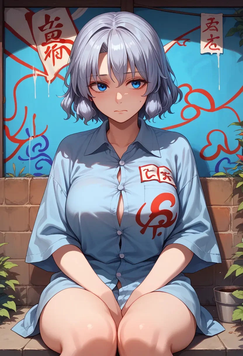 touhou,yagokoro_eirin,oversized graffiti shirt,dolphin shorts  - 