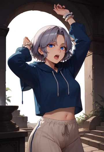 touhou,yagokoro_eirin,hoodie,cropped,high-waisted joggers  - AI generated anime art