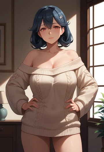 kantai_collection,yahagi_(kancolle),Hands on hips,off-shoulder,sweater  - AI generated anime art