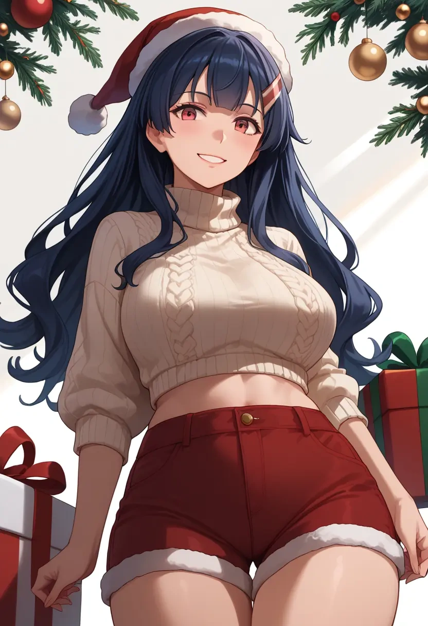 kantai_collection,yahagi_(kancolle),Christmas,red velvet shorts,turtleneck sweater  - 