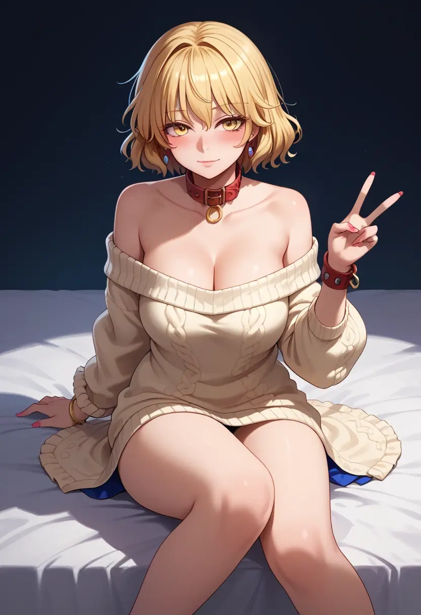 touhou,yakumo_ran,blushing,collar,peace sign,off-shoulder,sweater  - 