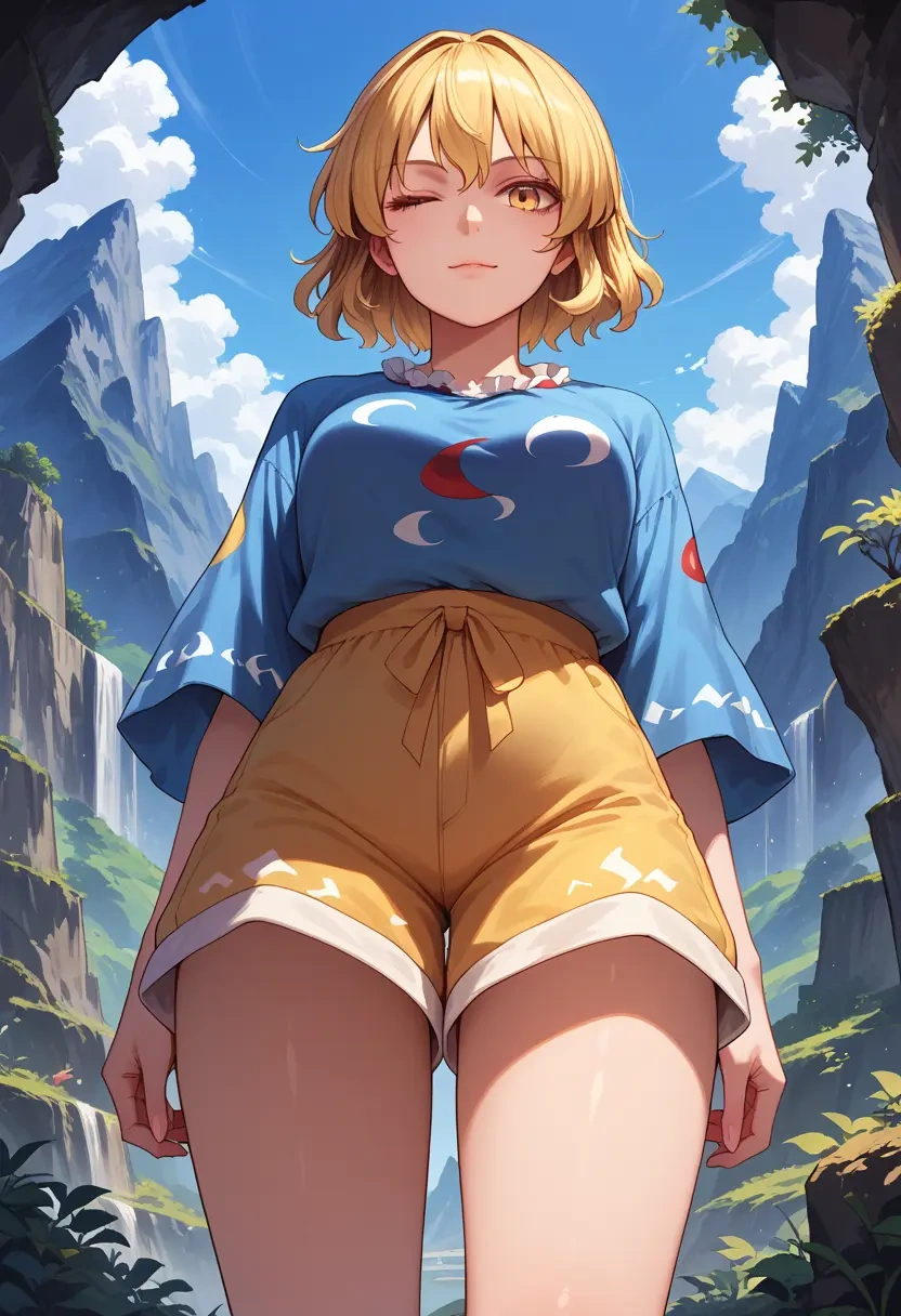 touhou,yakumo_ran,graphic tee,shorts,sneakers  - 