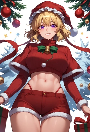 touhou,yakumo_yukari,Christmas,red velvet shorts,turtleneck sweater  - AI generated anime art