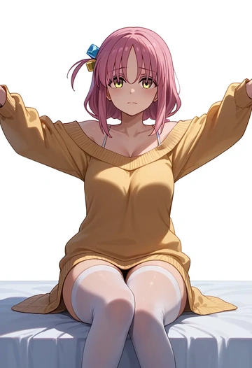 bocchi_the_rock,yamada_ryo,cross-legged,off-shoulder,sweater,stockings  - AI generated anime art