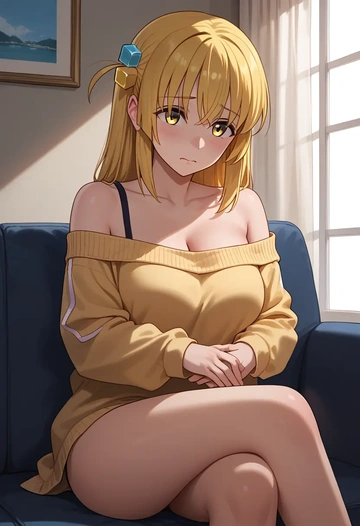 bocchi_the_rock,yamada_ryo,arms crossed,off-shoulder,sweater,cross-legged  - AI generated anime art