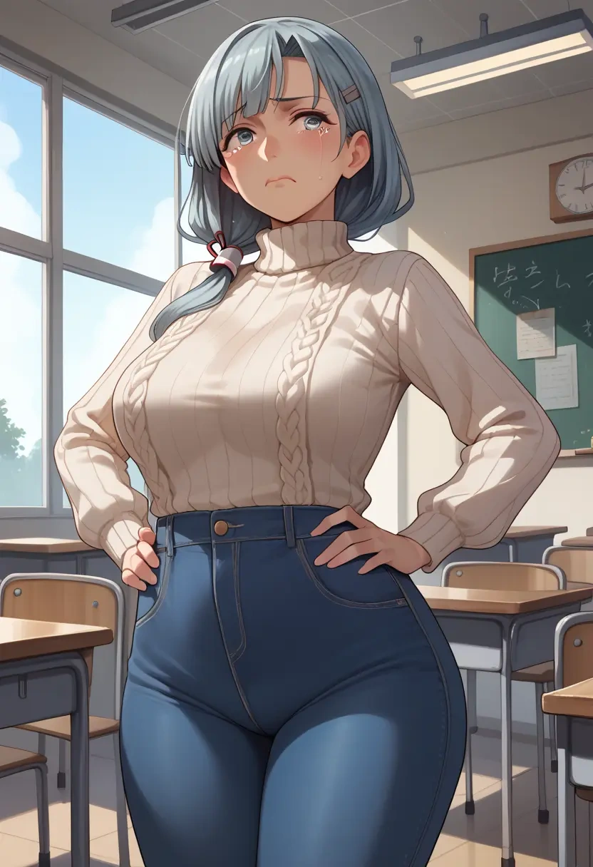 kantai_collection,yamagumo_(kancolle),teacher, sweater, jeans shorts  - 