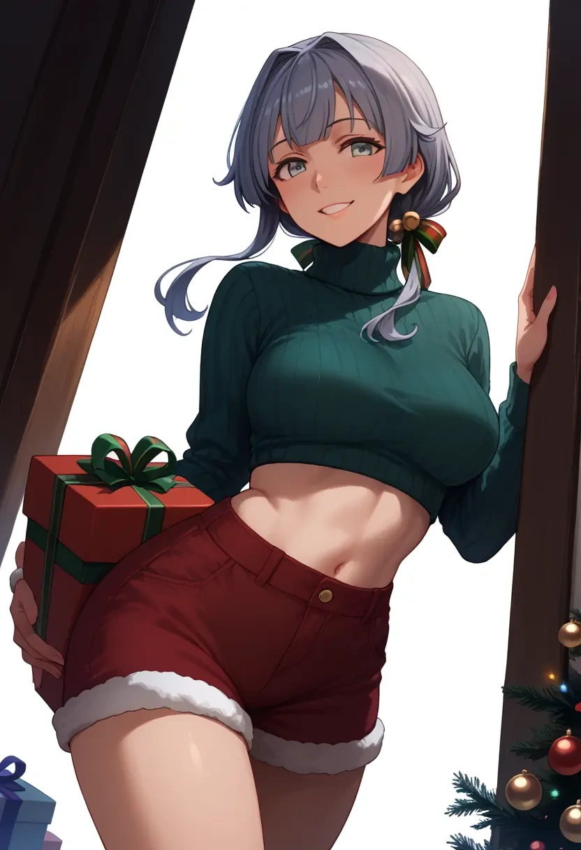 kantai_collection,yamagumo_(kancolle),Christmas,red velvet shorts,turtleneck sweater  - 