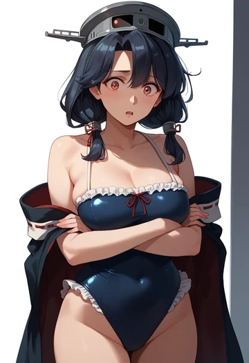 kantai_collection,yamashiro_(kancolle),retro style swimsuit,frilled neckline,bow detail  - AI generated anime art