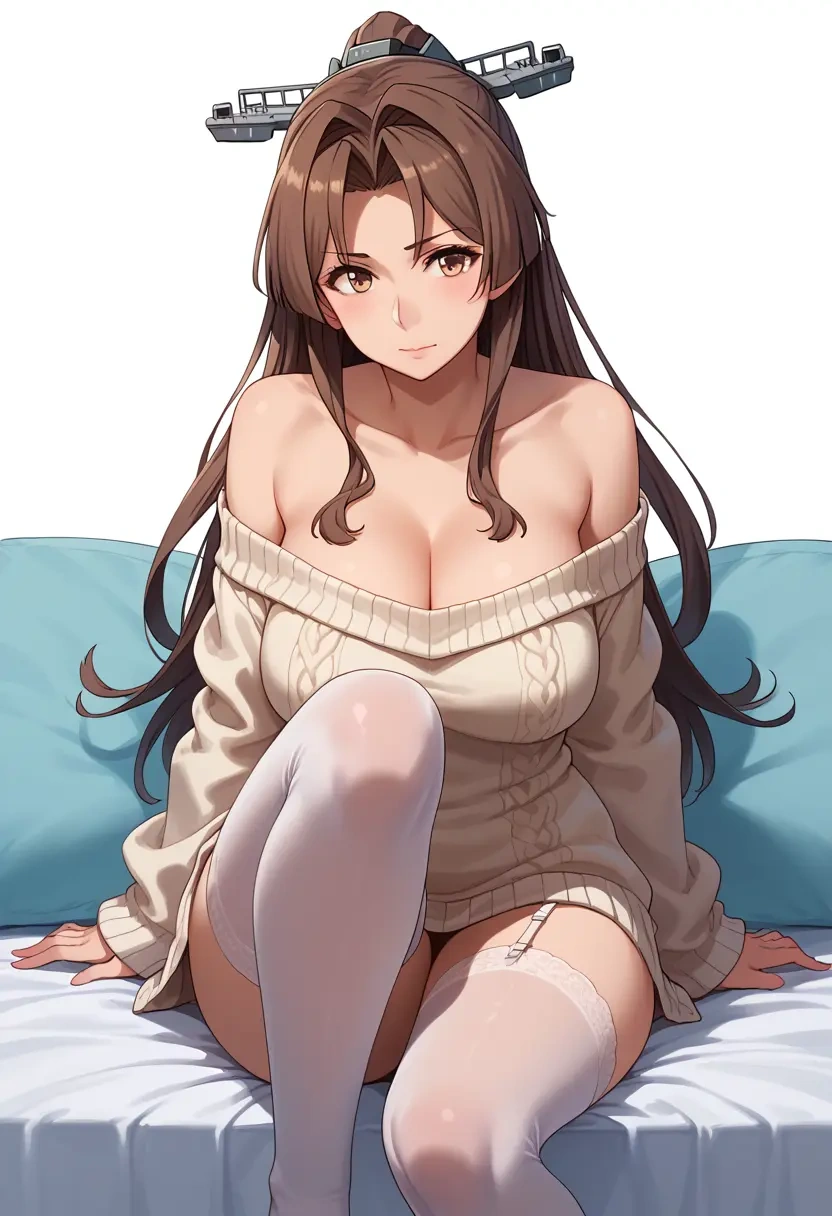 kantai_collection,yamato_(kancolle),cross-legged,off-shoulder,sweater,stockings  - 