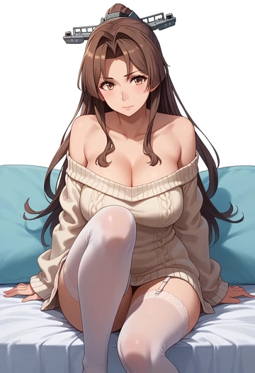 kantai_collection,yamato_(kancolle),cross-legged,off-shoulder,sweater,stockings  - AI generated anime art