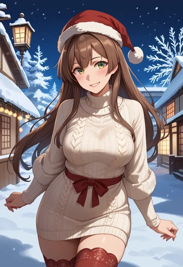 kantai_collection,yamato_(kancolle),Christmas,sweater dress,stockings  - AI generated anime art