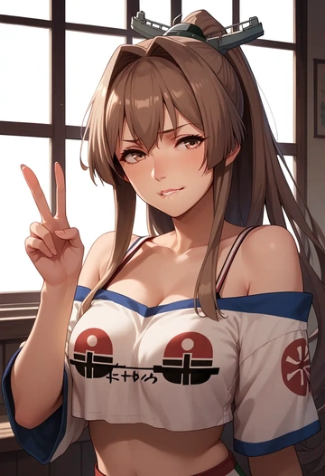 kantai_collection,yamato_(kancolle),off-shoulder top,dolphin shorts  - AI generated anime art