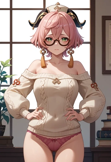 genshin_impact,yanfei_(genshin_impact),sweater,panties,off-shoulder,glasses,sexy  - AI generated anime art