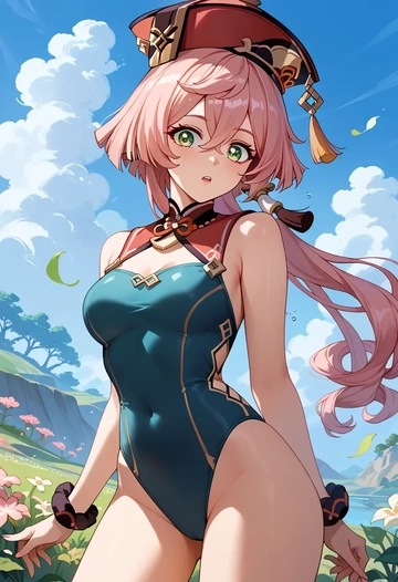 genshin_impact,yanfei_(genshin_impact),retro style swimsuit,frilled neckline,bow detail  - AI generated anime art