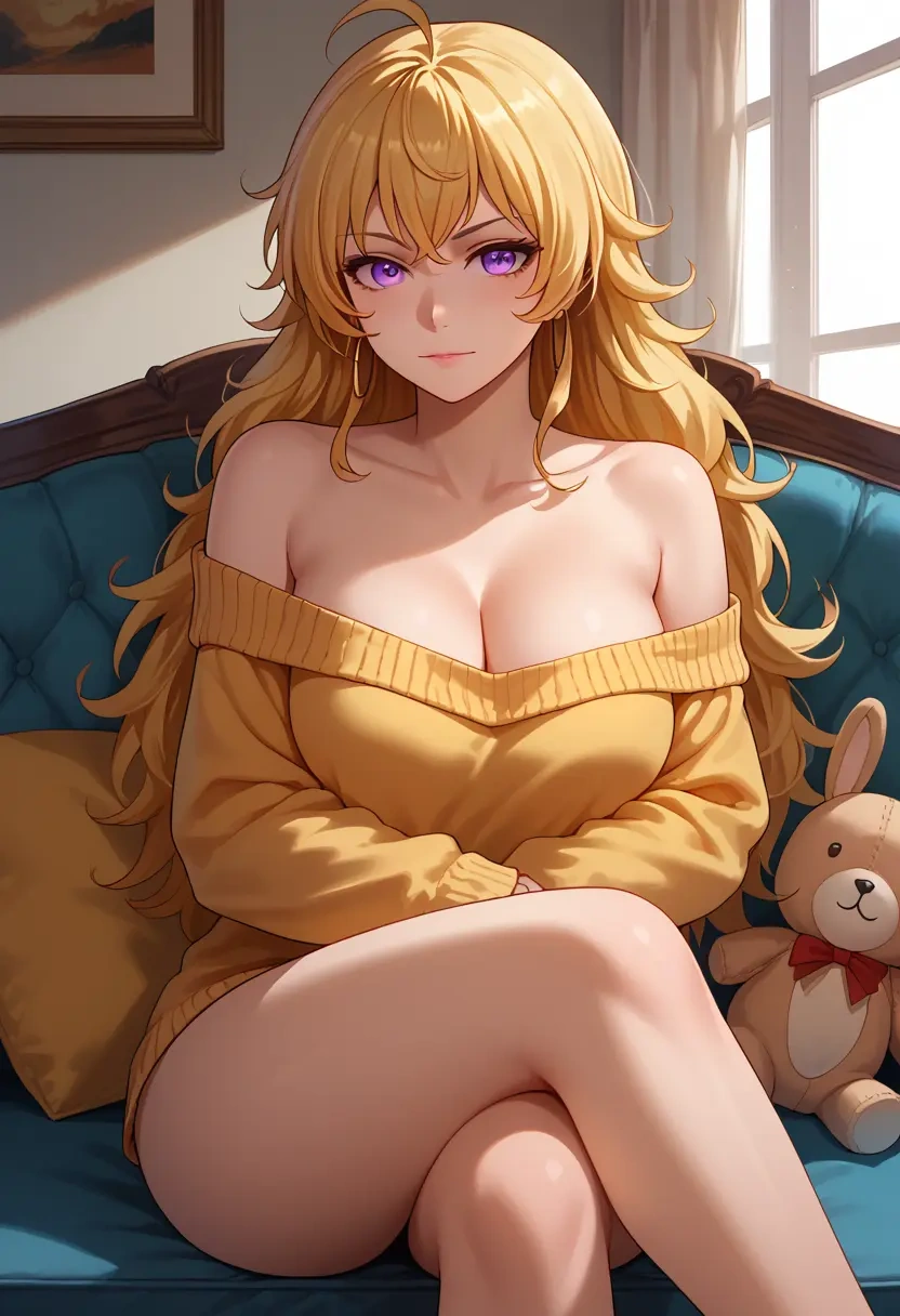 rwby,yang_xiao_long,arms crossed,off-shoulder,sweater,cross-legged  - 