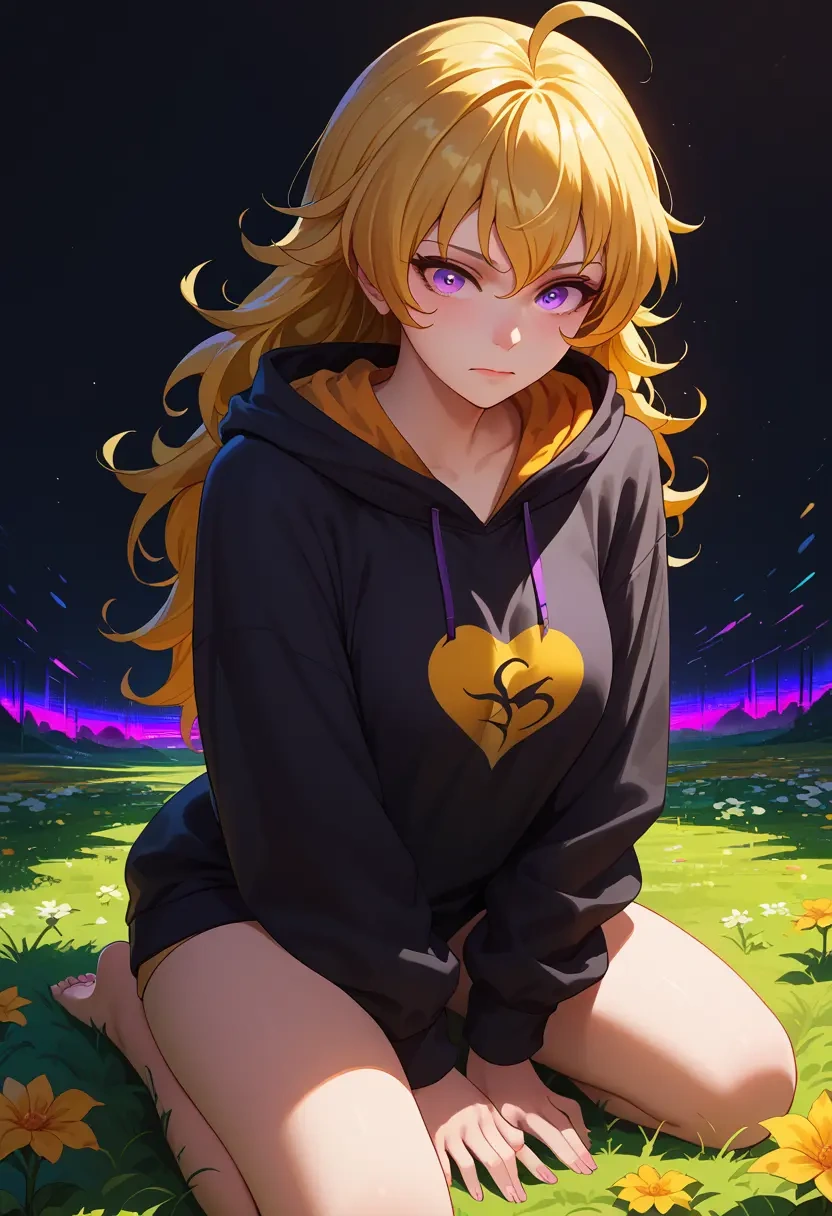 rwby,yang_xiao_long,oversized graphic hoodie,thigh-high socks,shorts  - 